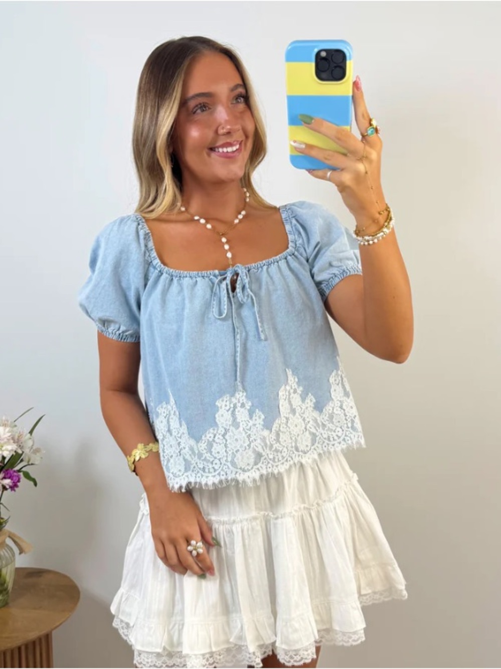 Le Lis Light Blue Tie-Dye Short Sleeve Top